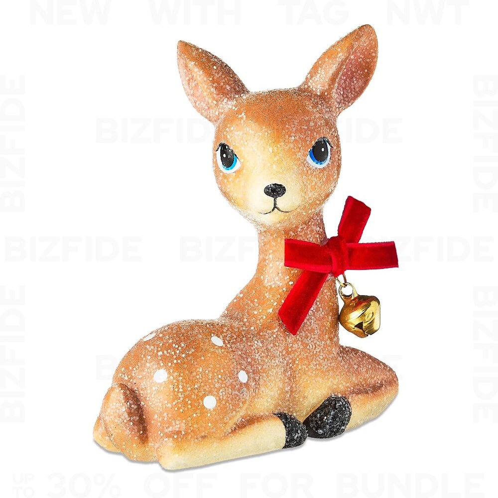 Deer With Red Bow & Bell Christmas Tabletop Decoration, Glittery Finish